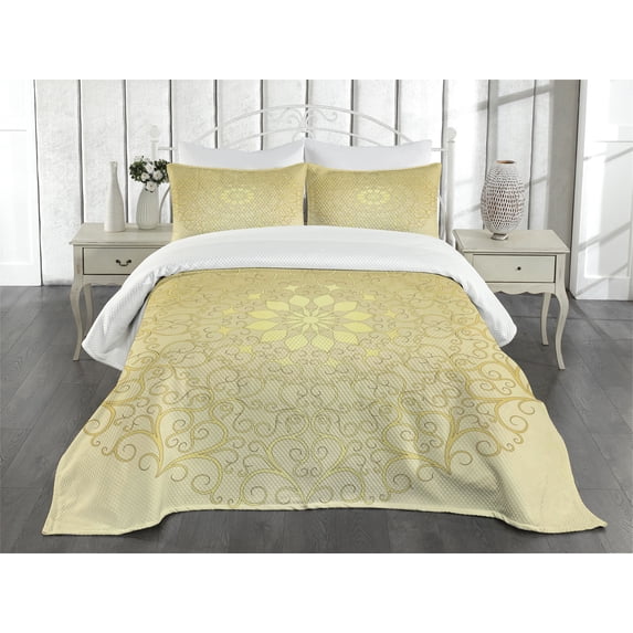 Ambesonne Mandala Quilted Bedspread Set 3 Pcs, Antique Heart, Queen Size, Yellow Pale Yellow