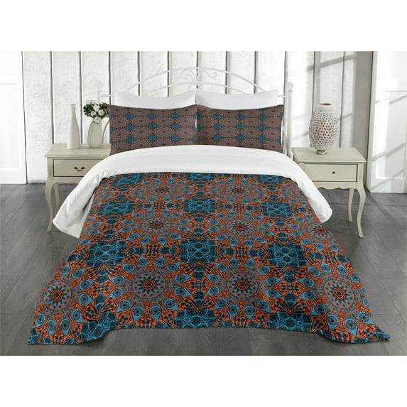 Ambesonne Mandala Quilted Bedspread Set 3 Pcs, Chinese Lace Motif, Queen Size, Blue Vermilion Black