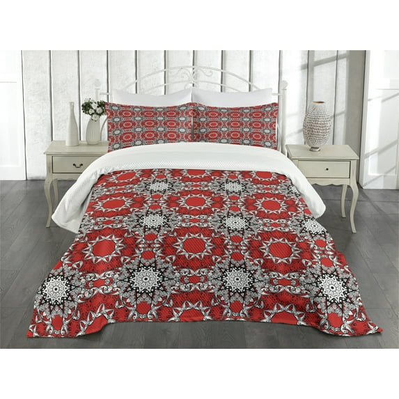 Ambesonne Mandala Quilted Bedspread Set 3 Pcs, Doodle Flowers Swirls Style, Queen Size, Orange White Black