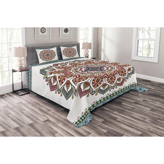 Ambesonne Mandala Quilted Bedspread Set 3 Pcs, Floral Motifs Oriental, Queen Size, Multicolor