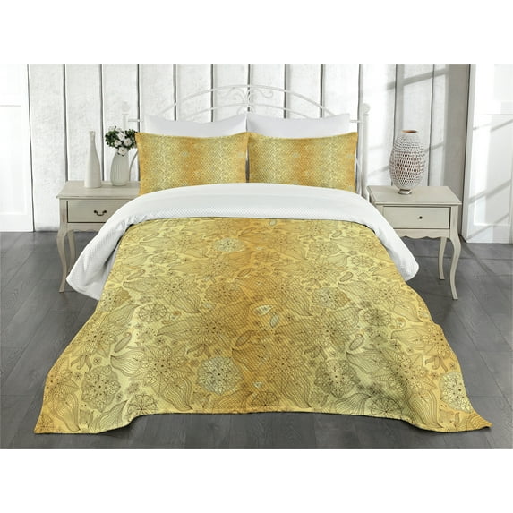 Ambesonne Mandala Quilted Bedspread Set 3 Pcs, Flourishing Paisley, King Size, Yellow and Pale Yellow