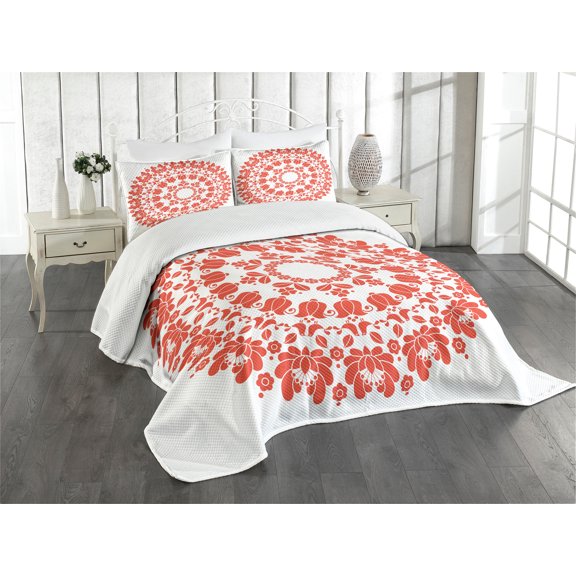 Ambesonne Mandala Quilted Bedspread Set 3 Pcs, Hungarian Round Folk Art, King Size, White and Vermilion