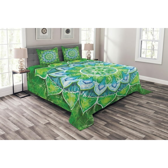 Ambesonne Mandala Quilted Bedspread Set 3 Pcs, Leaf Forms Nature, Queen Size, Green Blue