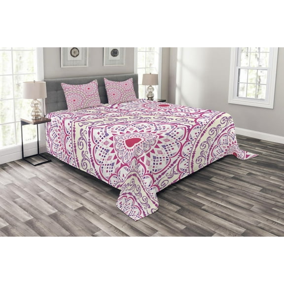 Ambesonne Mandala Quilted Bedspread Set 3 Pcs, Leaf Like Circled Pattern, King Size, Hot Pink Magenta