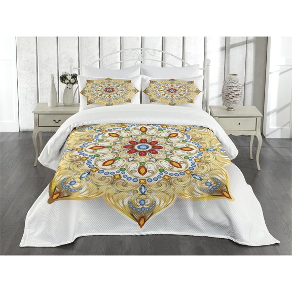 Ambesonne Mandala Quilted Bedspread Set 3 Pcs, Lively Colorful, Queen Size, Multicolor