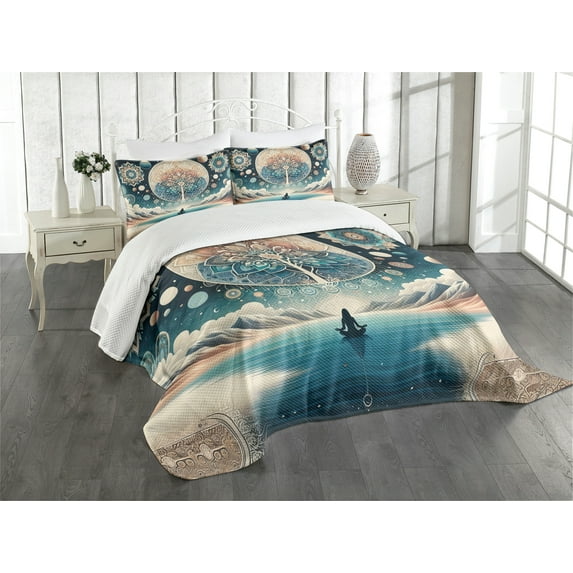 Ambesonne Mandala Quilted Bedspread Set 3 Pcs, Mystic Lands Arcane World, Queen Size, Dark Turquoise and Peach