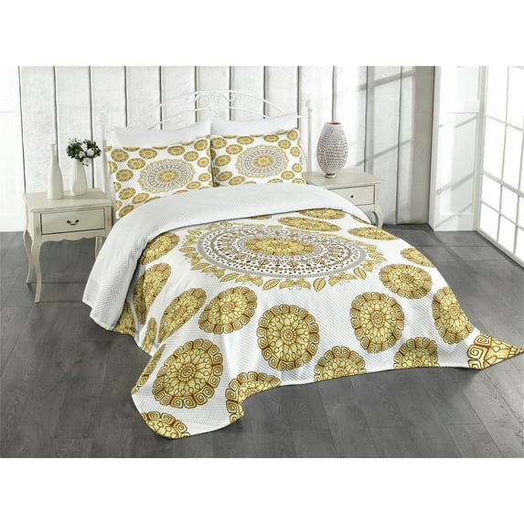 Ambesonne Mandala Quilted Bedspread Set 3 Pcs, Natural Leaves, King Size, Yellow Cream Brown