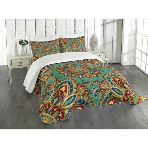 Ambesonne Mandala Quilted Bedspread Set 3 Pcs, Oriental, King Size, Teal Indigo Ruby