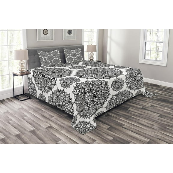 Ambesonne Mandala Quilted Bedspread Set 3 Pcs, Oriental Mandala Design, King Size, Black and White