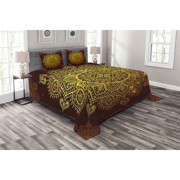 Ambesonne Mandala Quilted Bedspread Set 3 Pcs, Oriental Snowflake Art, Queen Size, Yellow Brown