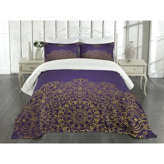 Ambesonne Mandala Quilted Bedspread Set 3 Pcs, Ornate Swirl Motif, King Size, Purple Yellow