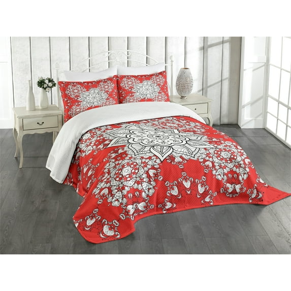 Ambesonne Mandala Quilted Bedspread Set 3 Pcs, Psychedelic Floral Form, King Size, Scarlet White Black