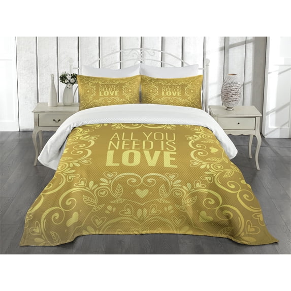 Ambesonne Mandala Quilted Bedspread Set 3 Pcs, Romantic Words Swirls, Queen Size, Yellow