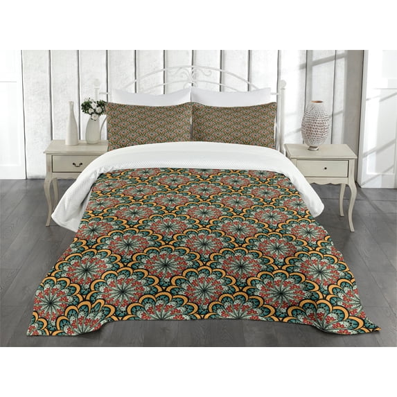 Ambesonne Mandala Quilted Bedspread Set 3 Pcs, Tribal Paisley Flowers, Queen Size, Seafoam Marigold Red