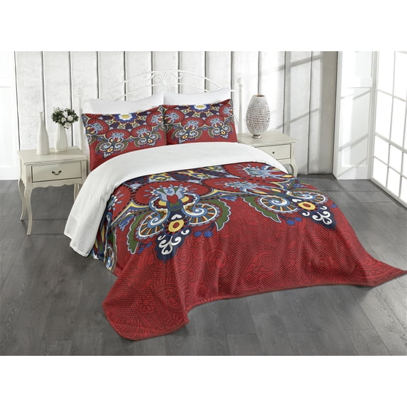 Ambesonne Mandala Quilted Bedspread Set 3 Pcs, Ukranian Lace Like Flowers, Queen Size, Multicolor