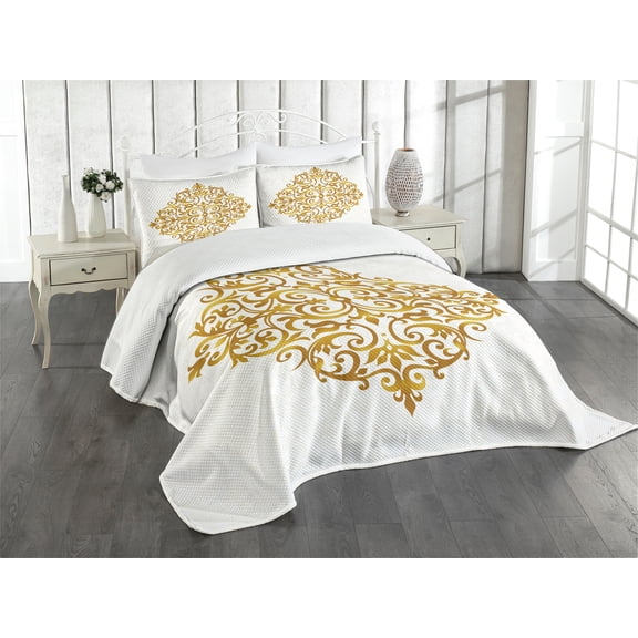 Ambesonne Mandala Quilted Bedspread Set 3 Pcs, Victorian Royal Design, King Size, Pale Caramel White