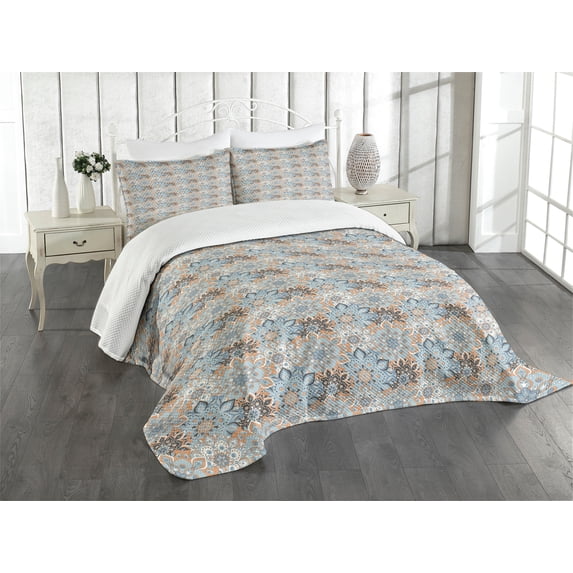 Ambesonne Mandala Quilted Bedspread Set 3 Pcs, Vintage Style Flourish, Queen Size, Pale Orange Blue Black
