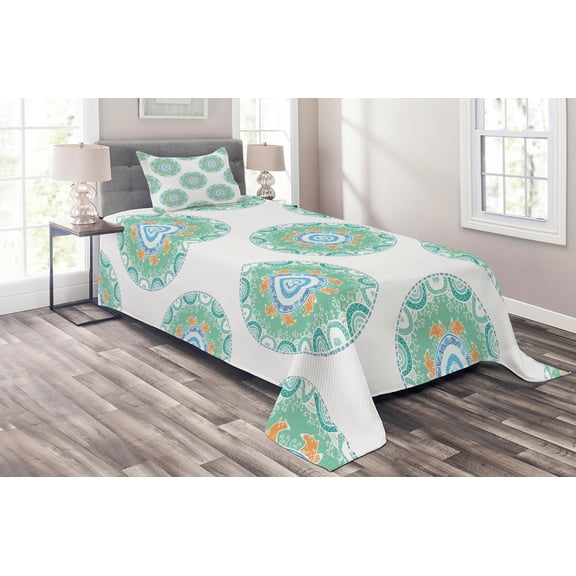 Ambesonne Mandala Quilted Coverlet 2 Pcs, Foxes in the Forest, Twin Size, Green Orange