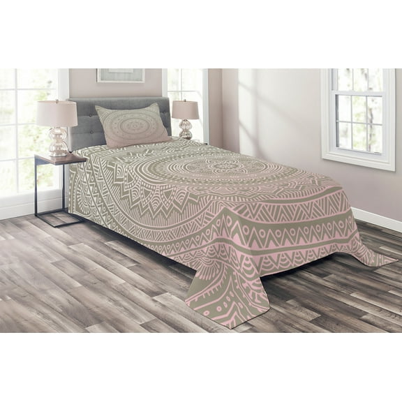 Ambesonne Mandala Quilted Coverlet 2 Pcs, Themes Native, Twin Size, Pale Pink White Beige