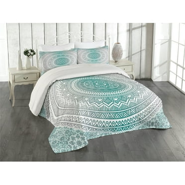 Ambesonne Mandala Quilted Coverlet 3 Pcs, Boho Art Work, King Size, Grey Teal