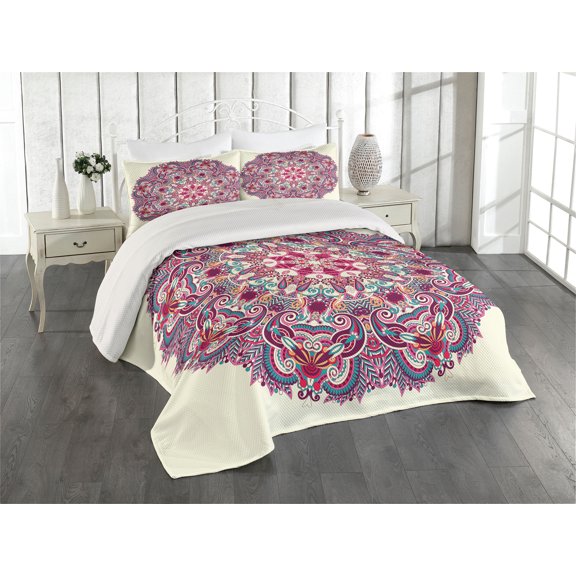 Ambesonne Mandala Quilted Coverlet 3 Pcs, Detailed Boho Floral Herb, Queen Size, Multicolor