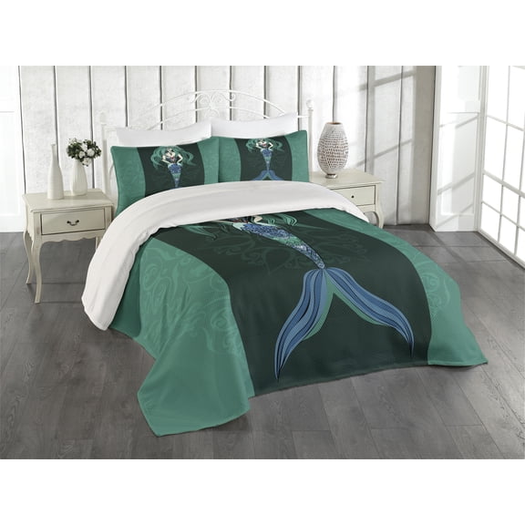 Ambesonne Mandala Quilted Coverlet 3 Pcs, Hand Drawn Mermaid, Queen Size, Violet Blue Jade Green