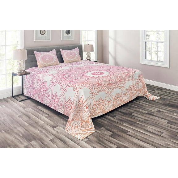 Ambesonne Mandala Quilted Coverlet 3 Pcs, Outline Style Flowers, Queen Size, Orange Pink White