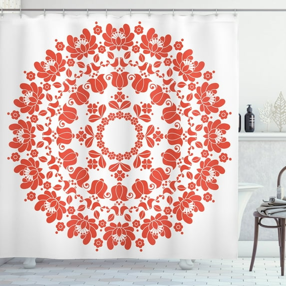 Ambesonne Mandala Shower Curtain, Hungarian Round Folk Art, 69"Wx84"L, White and Vermilion