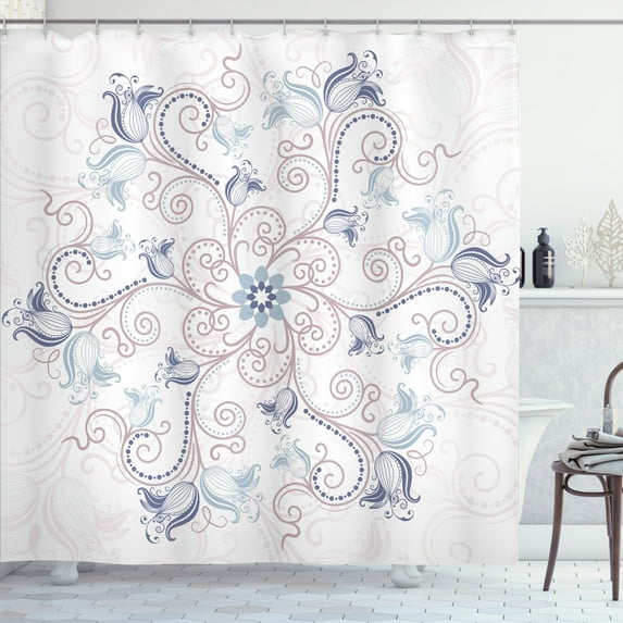 Ambesonne Mandala Shower Curtain, Round Flower Design Print, 69"Wx70"L, Dark Ceil