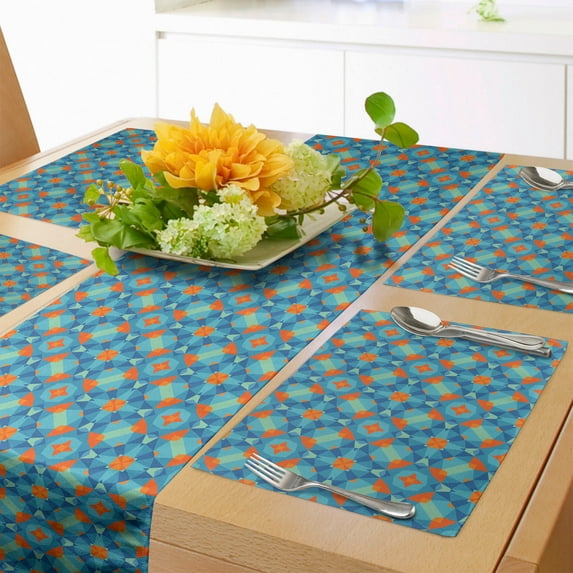 Ambesonne Mandala Table Runner & Placemats, Aqua Modern Mosaic Ornament, Placemat 4 pcs + Runner 16"x72", Dark Turquoise Vermilion