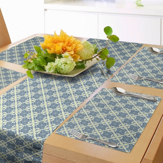 Ambesonne Mandala Table Runner & Placemats, Curvy Floral Motifs, Placemat 4 pcs + Runner 12"x72", Reseda Green Pale Blue