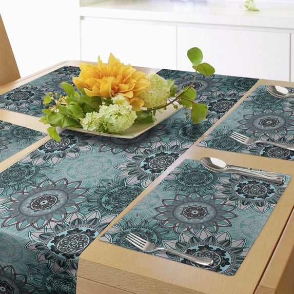 Ambesonne Mandala Table Runner & Placemats, Hippie Oriental Spring, Placemat 4 pcs + Runner 16"x72", Taupe Black Turquoise