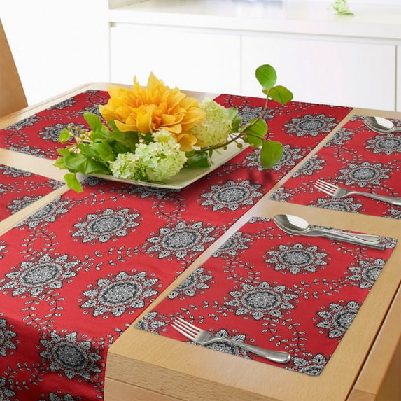 Ambesonne Mandala Table Runner & Placemats, Sketchy Leaves Swirl Art, Placemat 4 pcs + Runner 12"x72", Vermilion White