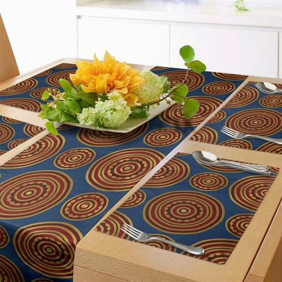Ambesonne Mandala Table Runner & Placemats, Tribal Style Simple Circles, Placemat 4 pcs + Runner 14"x90", Night Blue Burgundy