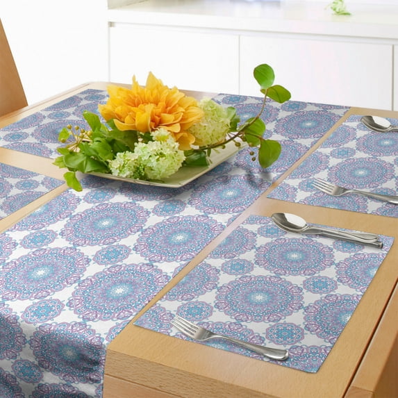 Ambesonne Mandala Table Runner & Placemats, Yoga Pastel, Placemat 4 pcs + Runner 14"x90", Lilac Blue White