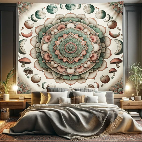 Ambesonne Mandala Tapestry King Size, Ethnic Dream of Floral Boho, 104"x88", Pale Mustard Laurel Green