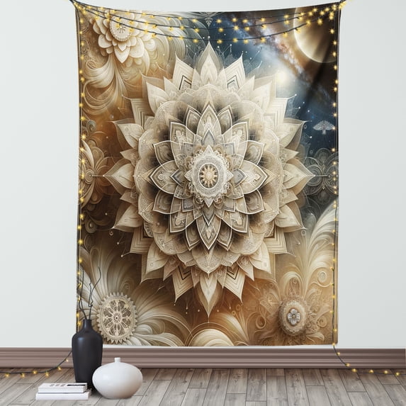 Ambesonne Mandala Tapestry Wall Hanging, Lotus Flower Look Motif Art, 60"x80", Pale Khaki Camel Sea Blue