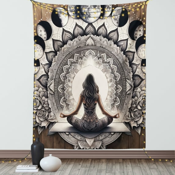 Ambesonne Mandala Tapestry Wall Hanging, Moon Phases and Lady Floral, 40"x60", Cocoa Charcoal Grey White
