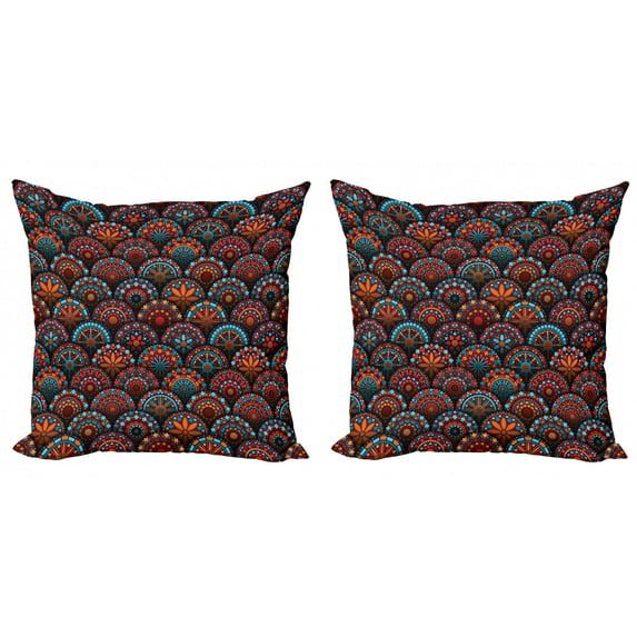 Ambesonne Mandala Throw Pillow Cover 2 Pack, Geometric Floral Forms, 24", Scarlet Orange Blue
