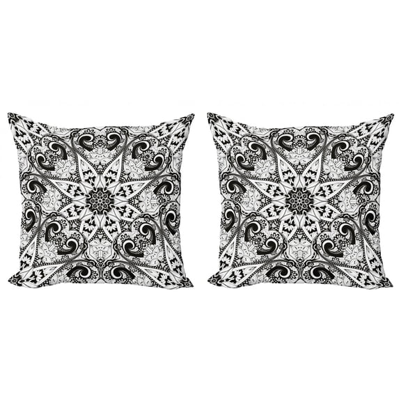 Ambesonne Mandala Throw Pillow Cover 2 Pack, Lace Like Lotus Flower Form, 16", Black White