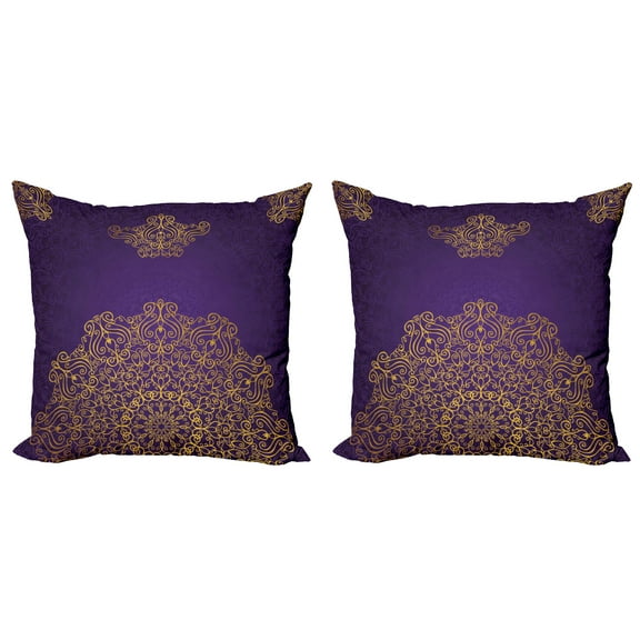 Ambesonne Mandala Throw Pillow Cover 2 Pack, Ornate Swirl Motif, 20", Purple Yellow