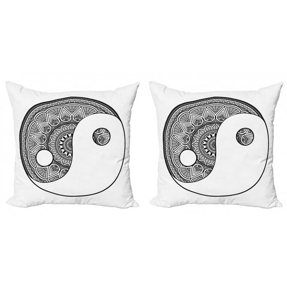Ambesonne Mandala Throw Pillow Cover 2 Pack, Traditional Ying Yang Sign, 16", Black and White