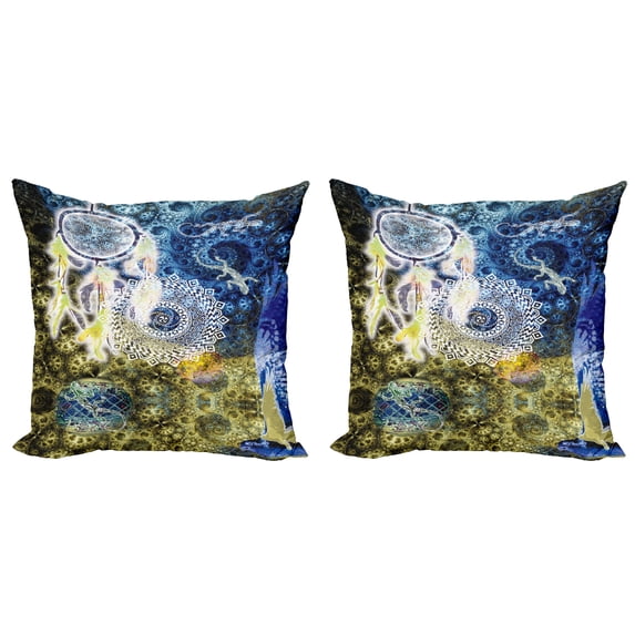 Ambesonne Mandala Throw Pillow Cover 2 Pack, Tribal Lizards Dreamcatcher, 18", Blue Yellow