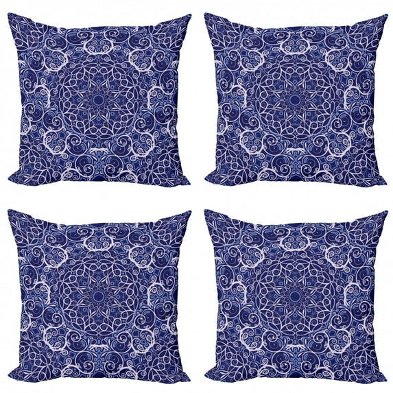 Ambesonne Mandala Throw Pillow Cover 4 Pack, Bohemian Floral Circle, 18", Purple White and Blue
