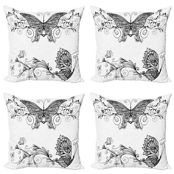 Ambesonne Mandala Throw Pillow Cover 4 Pack, Butterfly Floral, 20", White Black