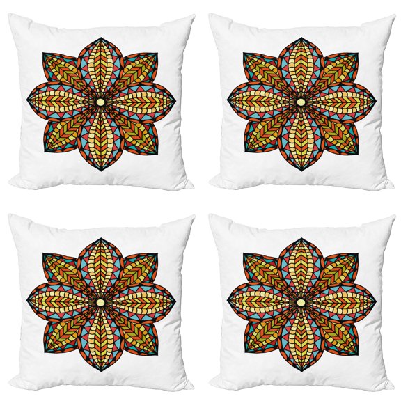 Ambesonne Mandala Throw Pillow Cover 4 Pack, Colorful Curvy Floral Art, 18", Multicolor
