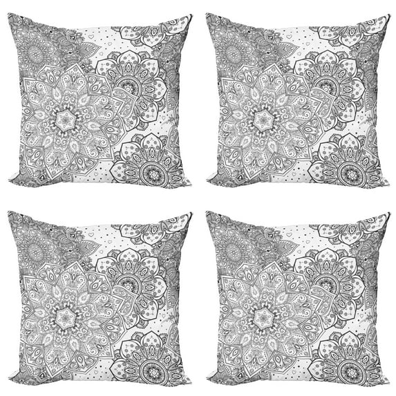 Ambesonne Mandala Throw Pillow Cover 4 Pack, Eastern Lace Floral Image, 18", White and Grey