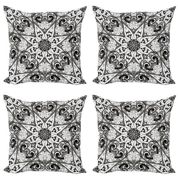 Ambesonne Mandala Throw Pillow Cover 4 Pack, Lace Like Lotus Flower Form, 16", Black White