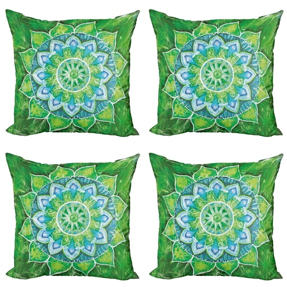 Ambesonne Mandala Throw Pillow Cover 4 Pack, Leaf Forms Nature, 20", Green Blue