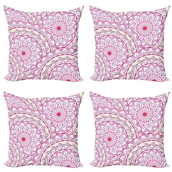 Ambesonne Mandala Throw Pillow Cover 4 Pack, Leaf Like Circled Pattern, 18", Hot Pink Magenta